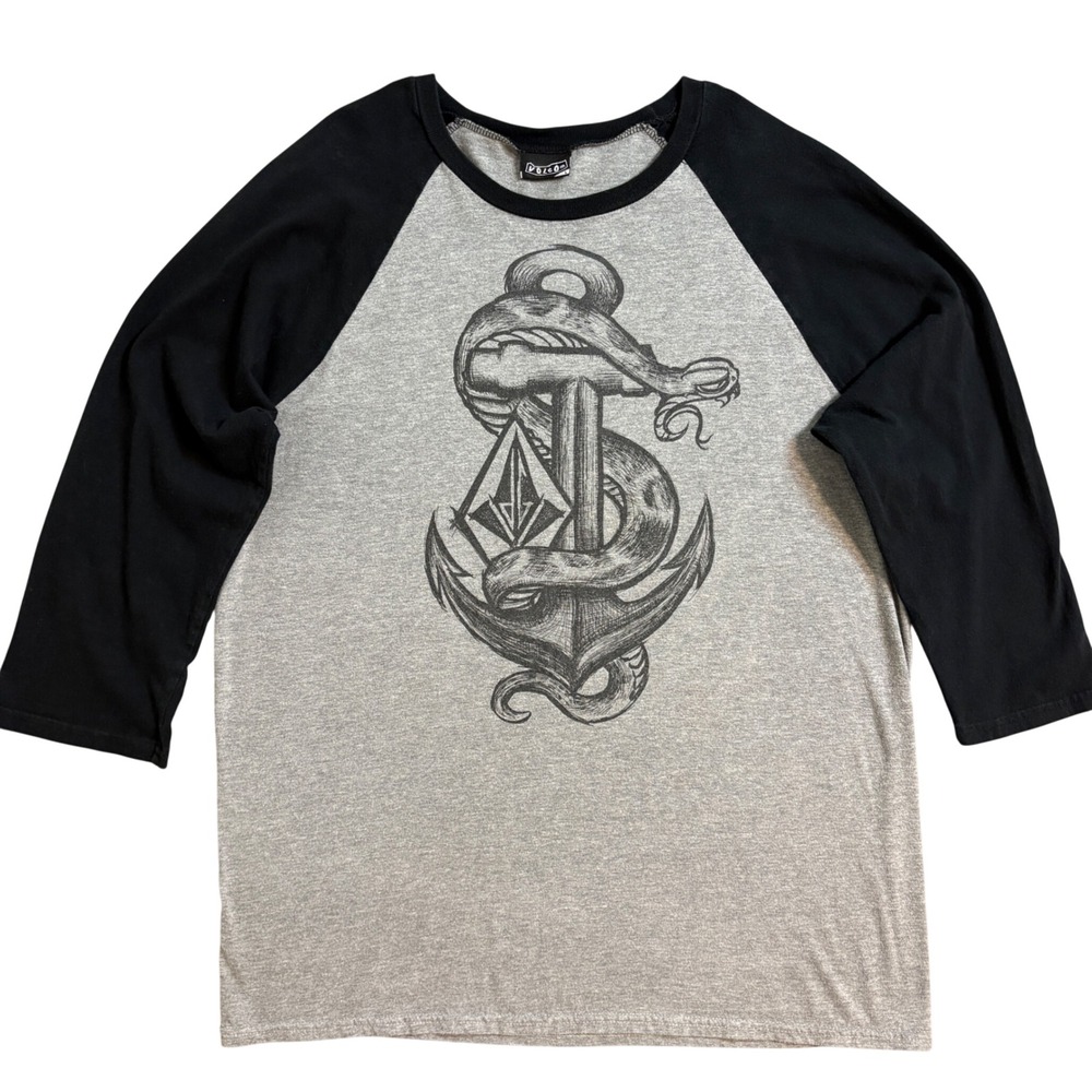 Volcom Snake Anchor Raglan T Shirt Men L Gray Black 3/4 Sleeve Skate Y2K Grunge